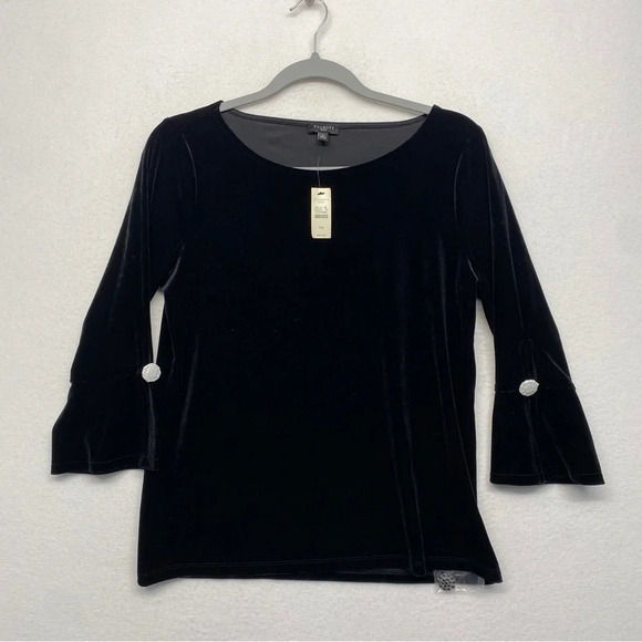 NWT Talbots Velvet Bell Sleeve Blouse Black MP PM Crystal Button Boat Neck - Picture 1 of 7